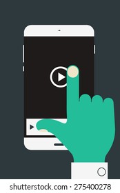 Flat design modern concept with hand holding mobile device with media player application