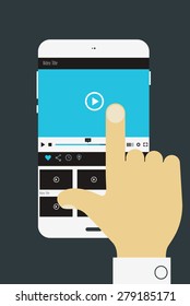 Flat design modern concept with hand holding mobile device with media player application