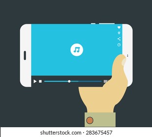 Flat design modern concept with hand holding mobile device with media player application