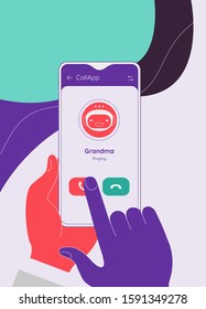 Flat design modern concept with hands holding mobile device with phone call application. Trendy vector application