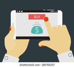 Flat design modern concept with hands holding mobile device with shopping application