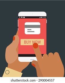 Flat design modern concept with hands honding mobile device with shopping application