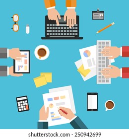 flat design modern concept of teamwork, consulting, briefing, planning, brainstorming or business strategy, creative process. vector illustration