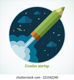Flat design modern creative startup concept with starting pencil rocket. Vector illustration