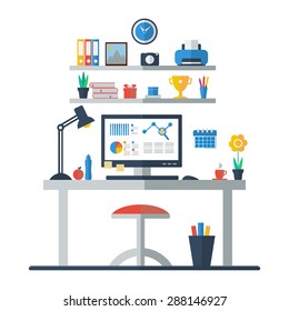 Flat design of modern home office interior. Vector illustration.