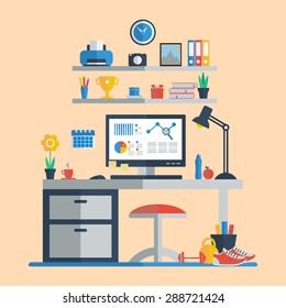 Flat design of modern home office interior. Vector illustration.