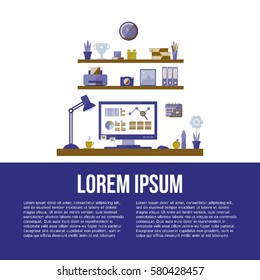 Flat design of modern home office interior. Vector illustration.
