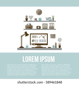 Flat design of modern home office interior. Vector illustration with place for your text.