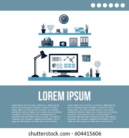 Flat design of modern home office interior. Vector illustration with place for your text.
