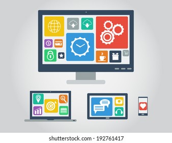 Flat design modern icons set of display, laptop, tablet computer and mobile phone template with applications (app) icons. Vector illustration 