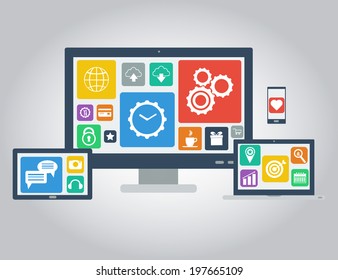 Flat design modern icons set of display, laptop, tablet computer and mobile phone template with applications (app) icons. Vector illustration
