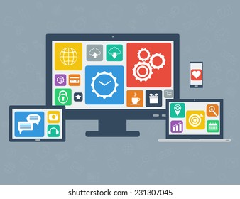 Flat design modern icons set of display, laptop, tablet computer and mobile phone template with applications (app) icons. Vector illustration