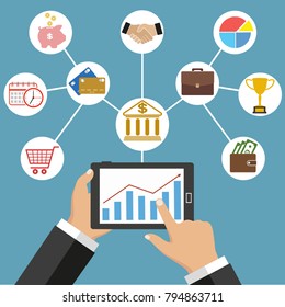 Flat design modern icons in stylish colors of hand touch screen with business icons, online purchase on digital tablet and wireless e-commerce usage.