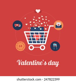 Flat design modern icons vector illustration set of online shopping and mobile marketing on Valentine's Day. Vector illustration