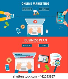 Flat design modern illustration concept of teamwork analyzing project on business meeting, team work, online shopping, mobile marketing, project management and development. Top view banner