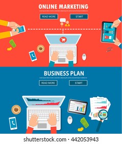 Flat design modern illustration concept of teamwork analyzing project on business meeting, team work, online shopping, mobile marketing, project management and development. Top view banner