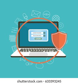 Flat design modern illustration concept of security center with laptop. Raster version.