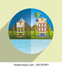 Flat design modern illustration icon of urban landscape and city life. Building icon. Building set.