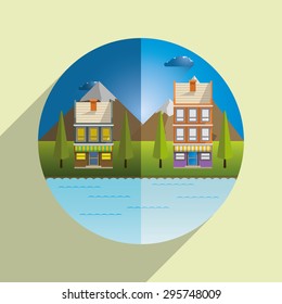 Flat design modern illustration icon of urban landscape and city life. Building icon.