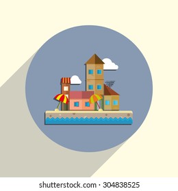 Flat design modern illustration icon of urban landscape and city life, beach house