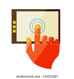 Flat design modern illustration in stylish colors of hand touch screen, purchase on digital tablet
