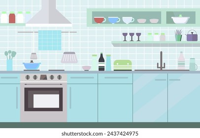 Flat Design of Modern Kitchen Interior in Restaurant with Storage Shelves and Stove