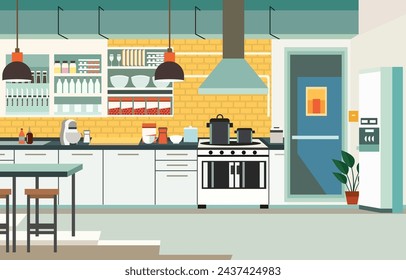 Flat Design of Modern Kitchen Interior in Restaurant with Kitchen Utensils and Dining Table