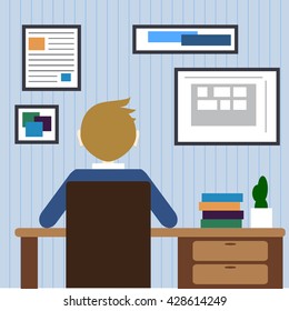 Flat design modern lifestyle concept of handsome man in casual T-shirt sitting at the desk and working on laptop in the office. Isolated on stylish background. Vector illustration