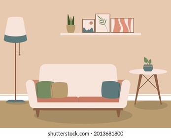 Flat design of modern minimalist style living room interior comfortable sofa, lamp and table vector stock