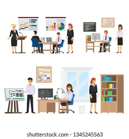 Flat design modern Office  interior concept with working  people. Business meeting and workplaces room  with office furniture: chair, desk, bookcase and window. Vector illustration. 
