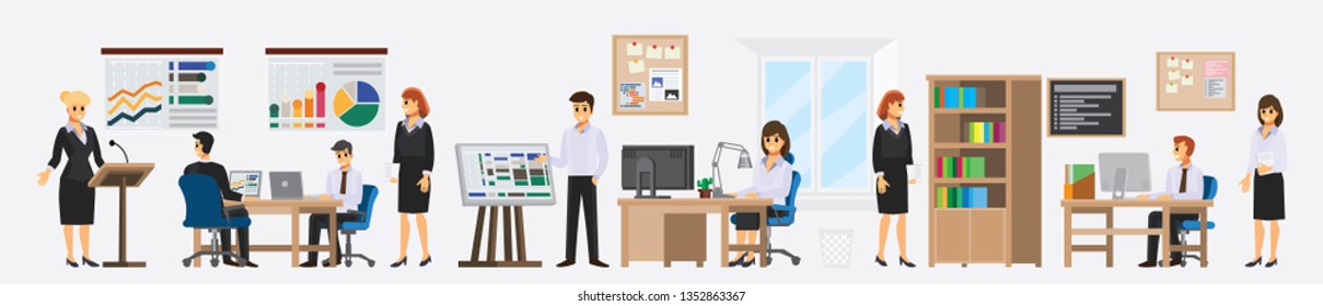 Flat design modern Office  interior concept with working  people. Business meeting and workplaces room  with office furniture. Vector illustration. 
