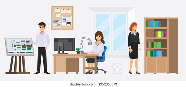 Flat design modern Office  interior concept with working  people. Business meeting and workplaces room  with office furniture. Vector illustration. 
