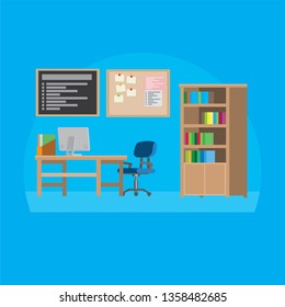 Flat design modern Office interior concept. Business meeting and workplaces room  with office furniture. Colorful vector illustration. 
