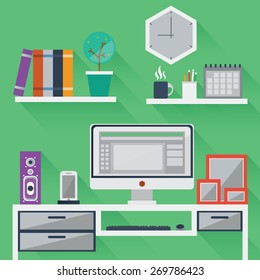 Flat design of modern office interior and workplace. Workplace icons and elements in minimalist style and color.