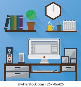 Flat design of modern office interior and workplace. Workplace icons and elements in minimalist style and color.