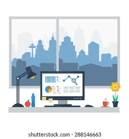 Flat design of modern office interior with big window in minimalistic style and color. Home office. Vector illustration. 