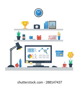Flat design of modern office interior in minimalistic style and color. Home office. Vector illustration. 