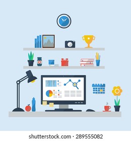 Flat design of modern office interior in minimalistic style and color on blue background. Home office. Vector illustration. 