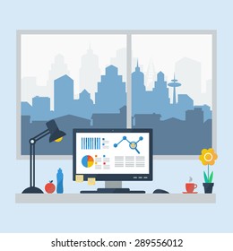 Flat design of modern office interior with big window in minimalistic style and color on blue background. Home office. Vector illustration. 