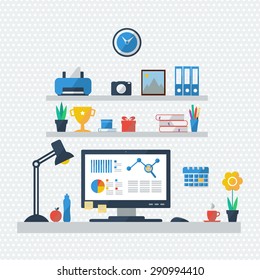 Flat design of modern office interior in minimalistic style and color on retro background. Home office. Vector illustration. 