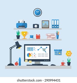 Flat design of modern office interior in minimalistic style and color on blue background. Home office. Vector illustration. 