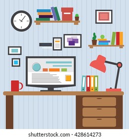 Flat design of modern office interior with designer desktop showing design application with interface icons and elements in minimalist style and color. Vector illustration