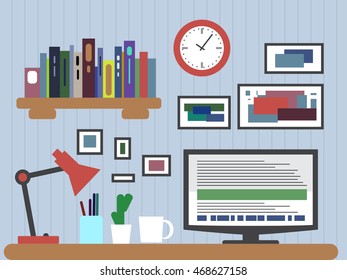 Flat design of modern office interior with designer desktop showing design application with interface icons and elements in minimalist style and color. Vector illustration