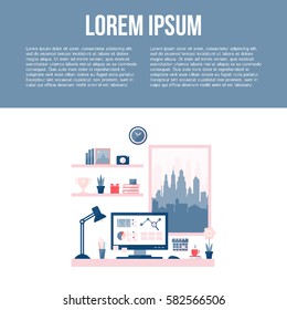 Flat design of modern office interior with window in minimalistic style and color. Home office. Vector illustration. 