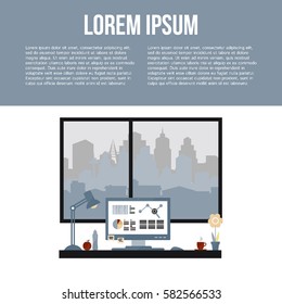 Flat design of modern office interior with big window in minimalistic style and color. Home office. Vector illustration. 