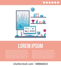 Flat design of modern office interior with big window in minimalistic style and color. Home office. Vector illustration with place for your text. 