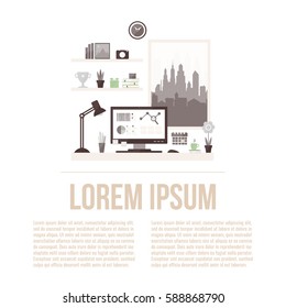Flat design of modern office interior with window in minimalistic style and color. Home office. Vector illustration with place for your text. 
