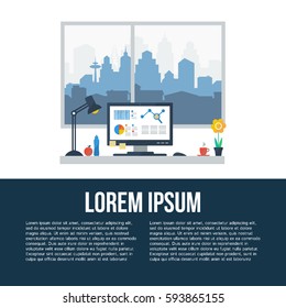 Flat design of modern office interior with big window in minimalistic style and color. Home office. Vector illustration with place for your text. 