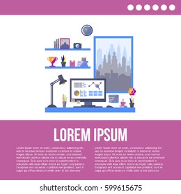 Flat design of modern office interior with window in minimalistic style and color. Home office. Vector illustration with place for your text. 