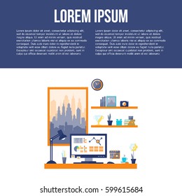 Flat design of modern office interior with big window in minimalistic style and color. Home office. Vector illustration with place for your text. 